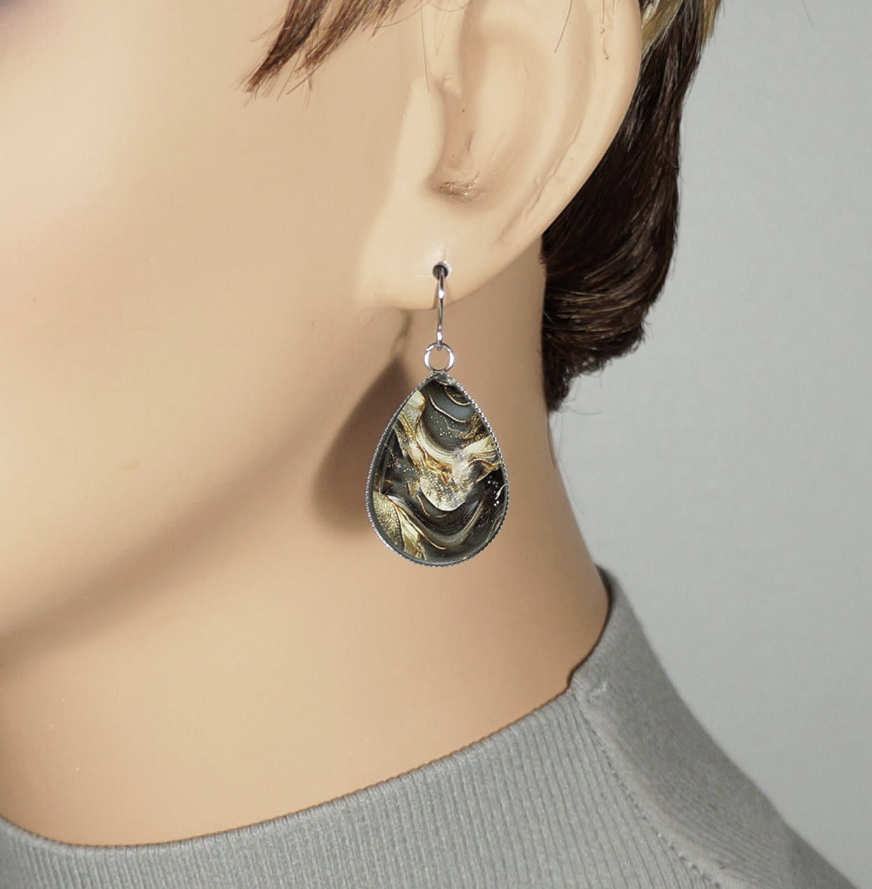 Intricate Brown & Gold Boho Teardrop Earrings, Hypoallergenic Platinum Ear Wires