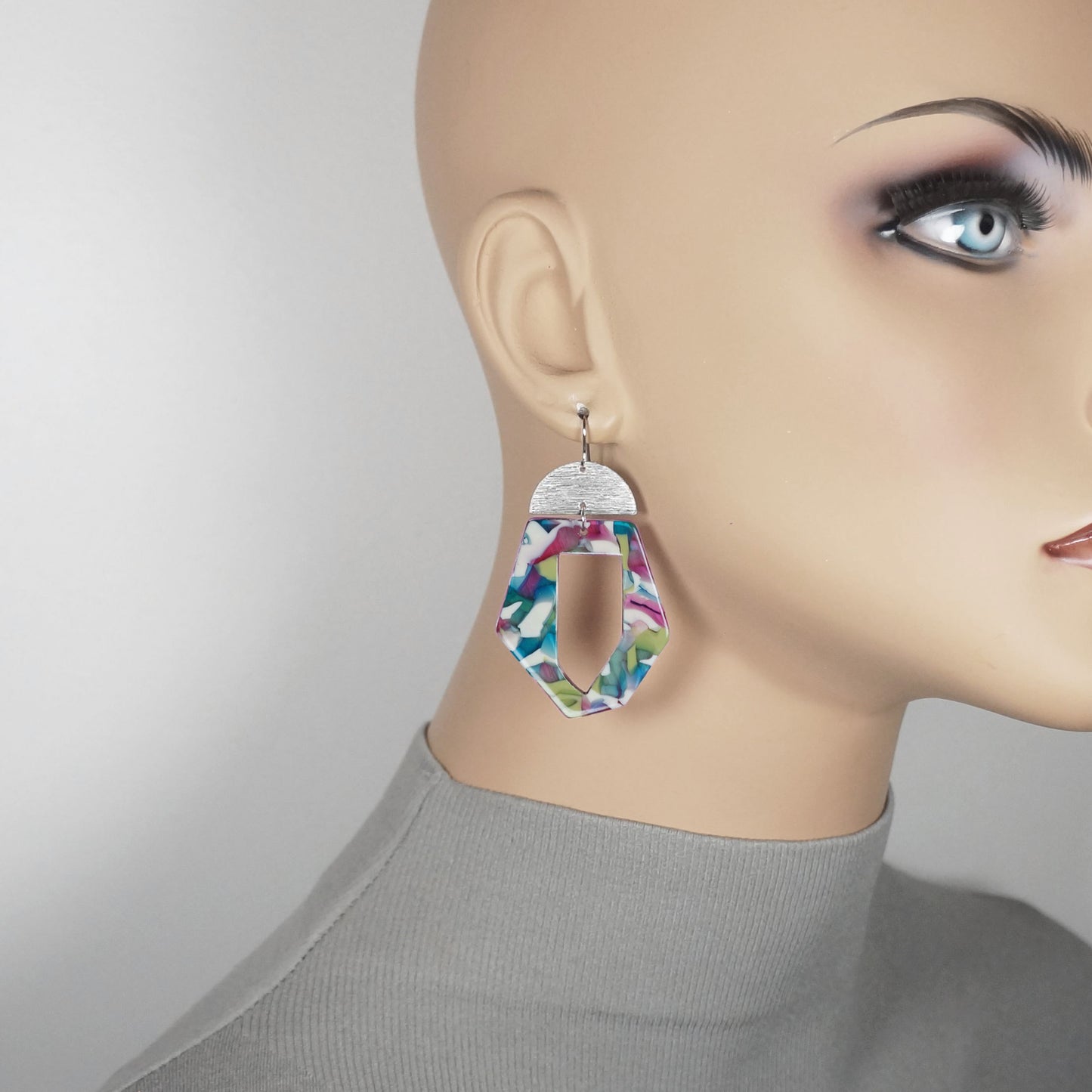 Vibrant Multi Color Acrylic and Silver Moon Statement Earrings, Platinum Ear Wires