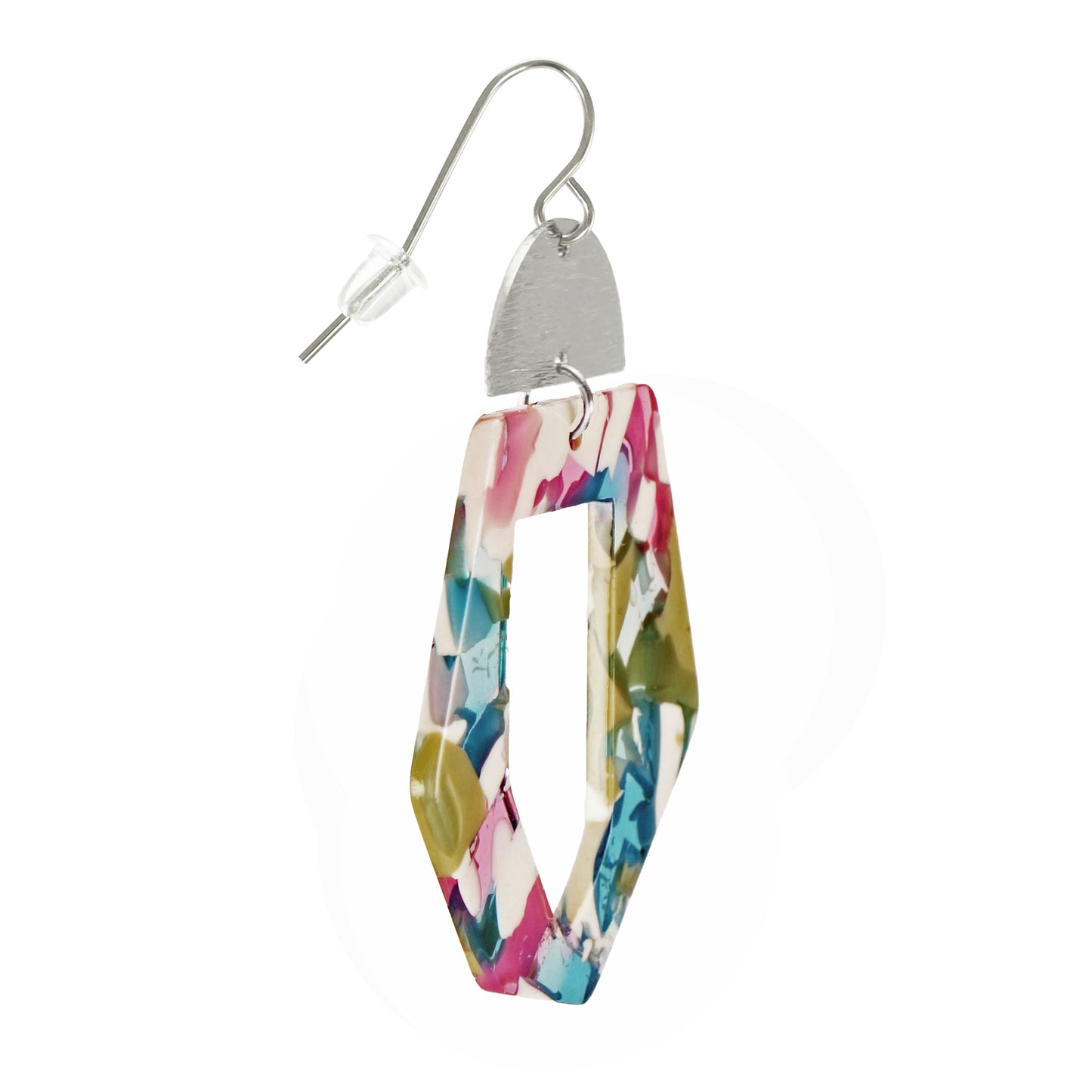 Vibrant Multi Color Acrylic and Silver Moon Statement Earrings, Platinum Ear Wires
