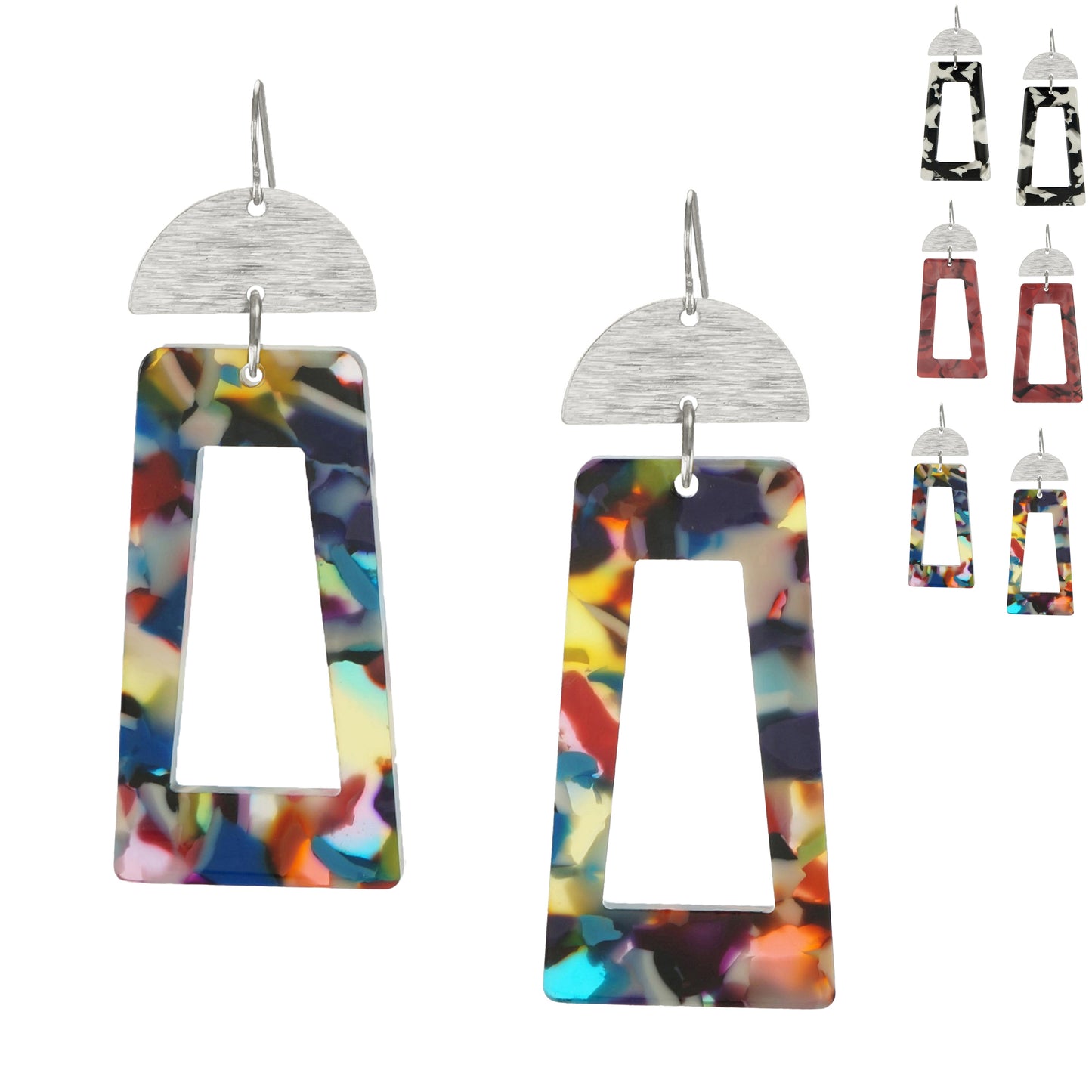 Vibrant Confetti Rectangle & Brushed Half Moon Boho Statement Earrings, Platinum Wires, Color Choice