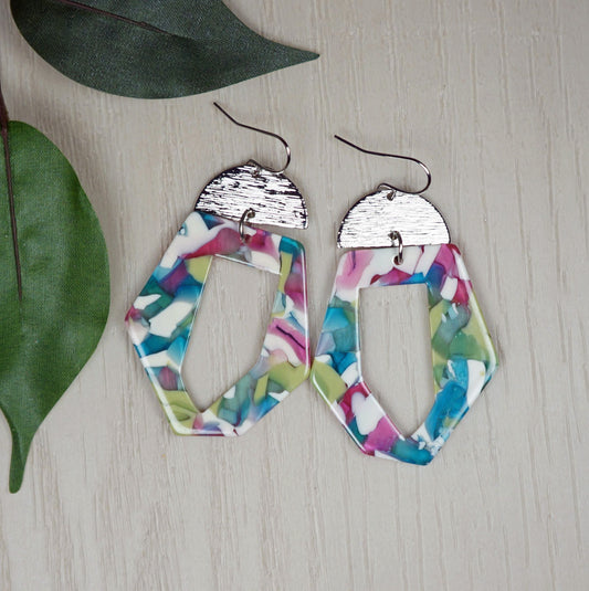 Vibrant Multi Color Acrylic and Silver Moon Statement Earrings, Platinum Ear Wires