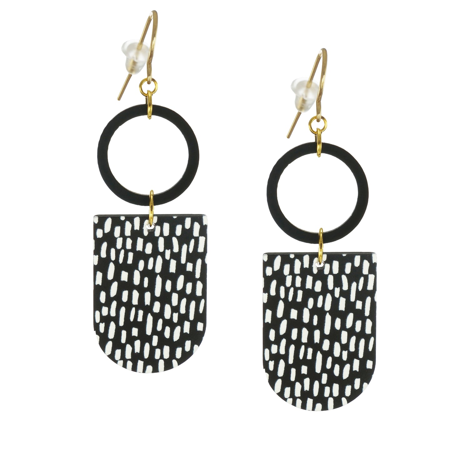 Beautiful Black and White Acrylic D Shape Spotted Statement Earrings – Hypoallergenic 18K Gold Ear Wires