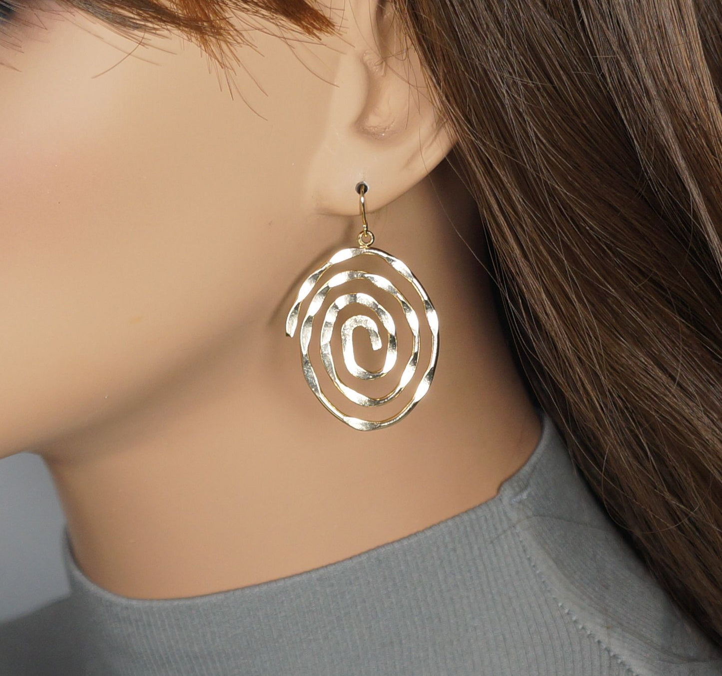 Lightweight Hammered Gold Spiral Statement Earrings, 18K Gold Ear Wires