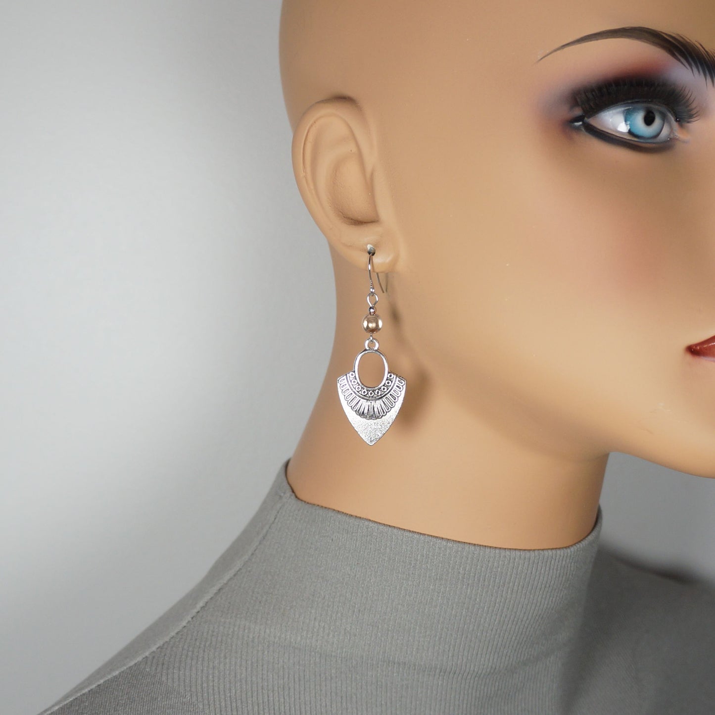 Ethnic Antique Silver and Rose Gold Boho Dangle Earrings, Minimalist Everyday Silver Tribal, Platinum Ear Wires