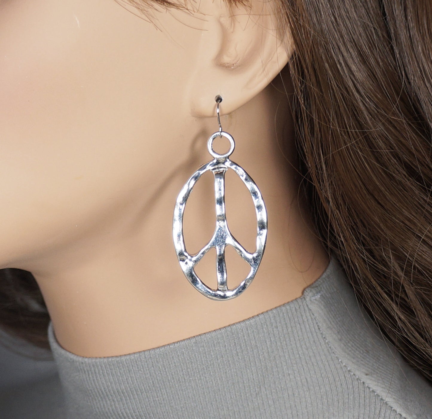 Beautiful Large Modern Shiny Hammered Pewter Peace Sign Statement Dangle Earrings, Platinum Ear Wires