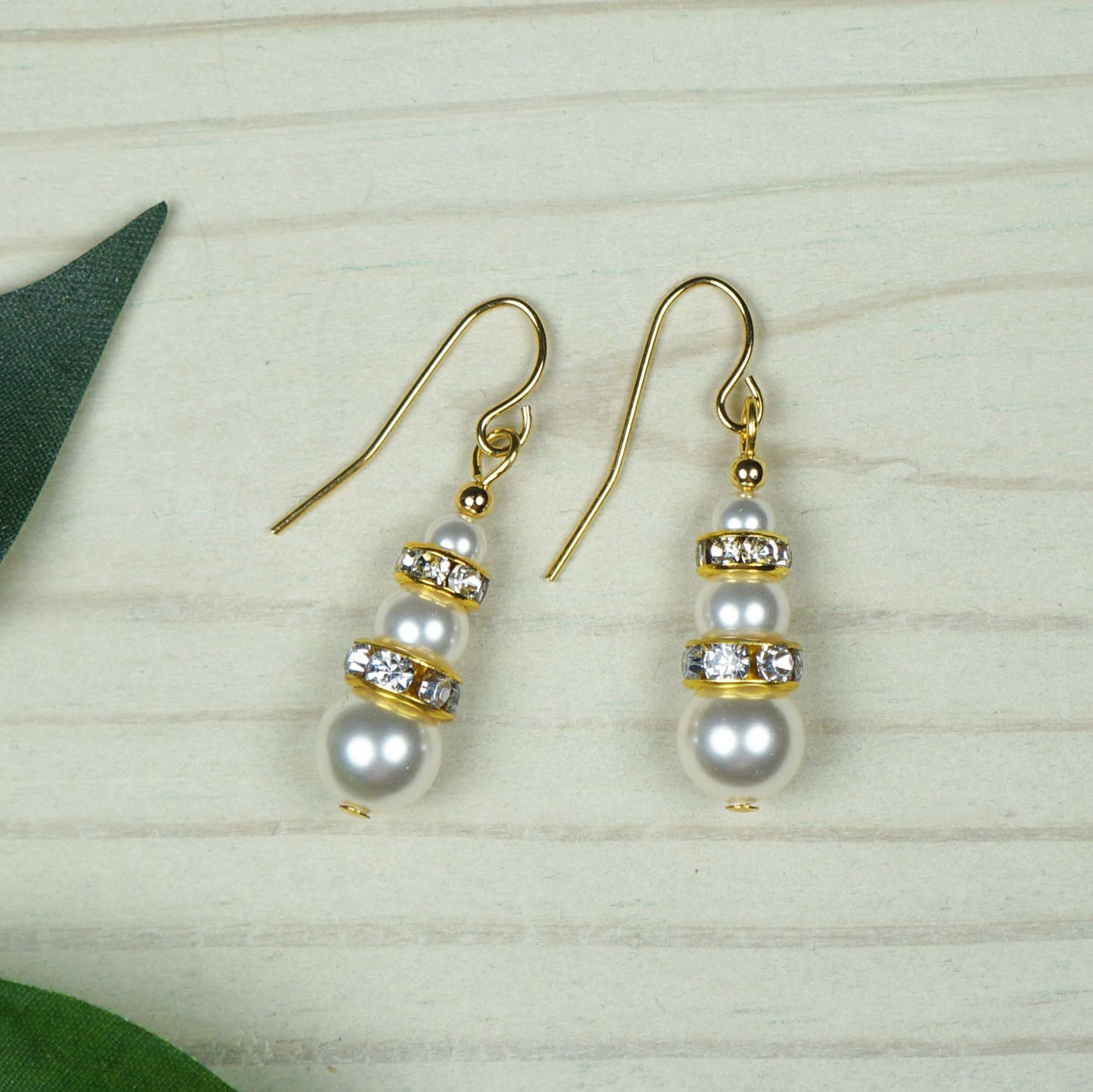White Austrian Crystal Pearl and Sparkling Gold Wedding Earrings, Lightweight 18K Gold Ear Wires