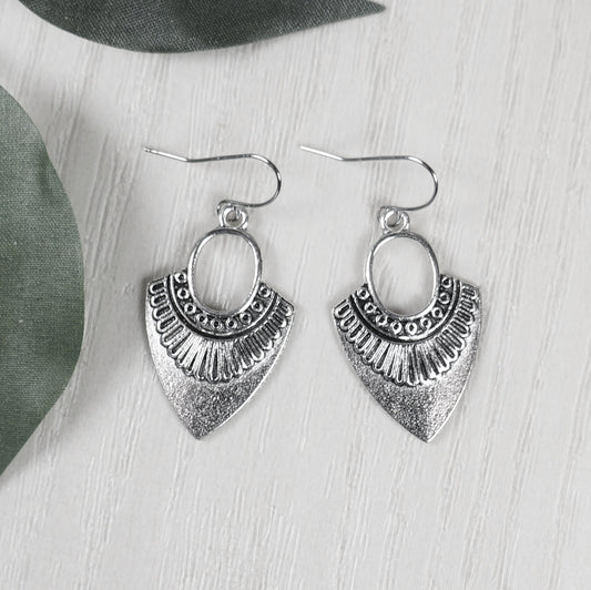 Rustic Ethnic Boho Antique Silver Minimalist Everyday Earrings, Platinum Ear Wires