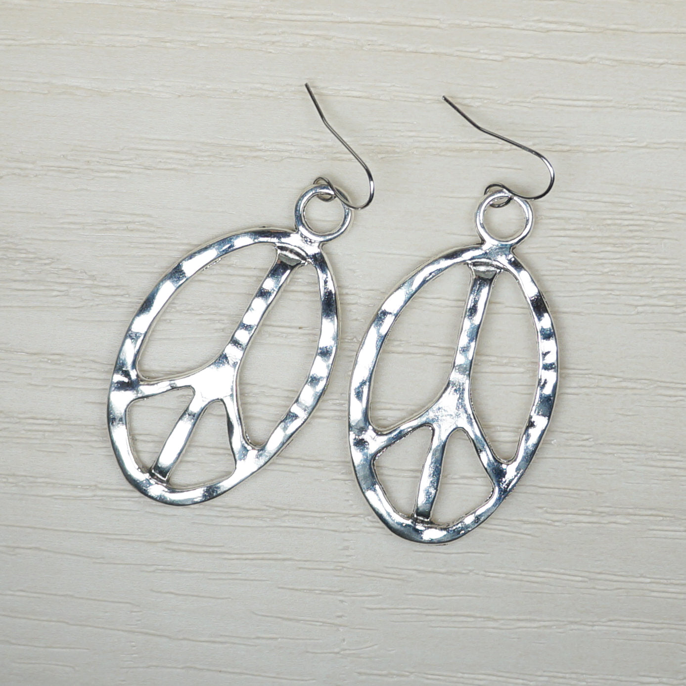 Beautiful Large Modern Shiny Hammered Pewter Peace Sign Statement Dangle Earrings, Platinum Ear Wires