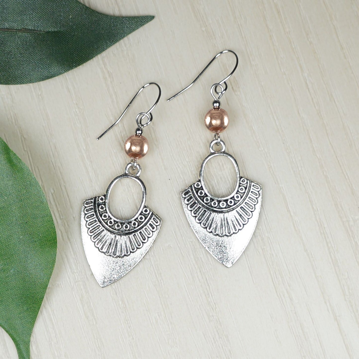 Ethnic Antique Silver and Rose Gold Boho Dangle Earrings, Minimalist Everyday Silver Tribal, Platinum Ear Wires