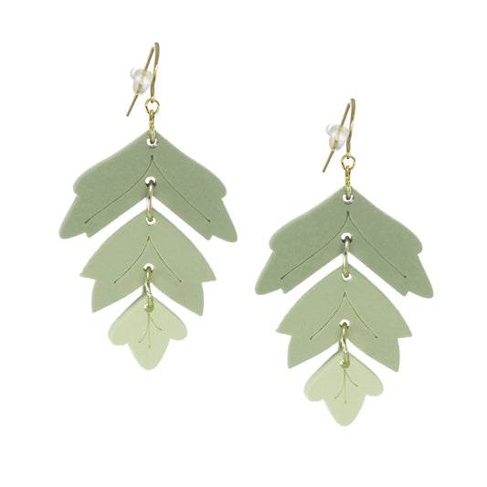 Beautiful Tri-Color Green Leaf Statement Earrings, 18K Gold Ear Wires