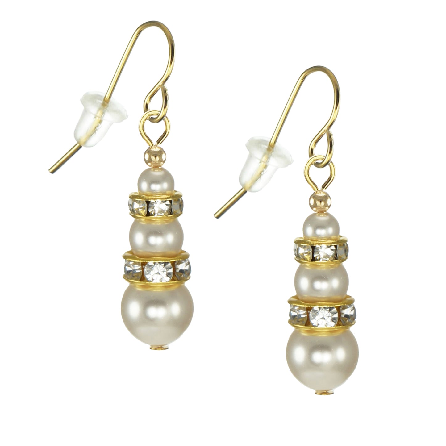 White Austrian Crystal Pearl and Sparkling Gold Wedding Earrings, Lightweight 18K Gold Ear Wires