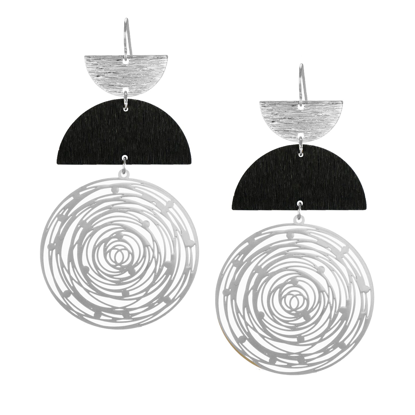 Large Black and Silver Boho Abstract Circle Hoop Statement Earrings, Nickel Free Platinum Ear Wires, Lightweight Gift for Her