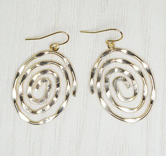 Lightweight Hammered Gold Spiral Statement Earrings, 18K Gold Ear Wires