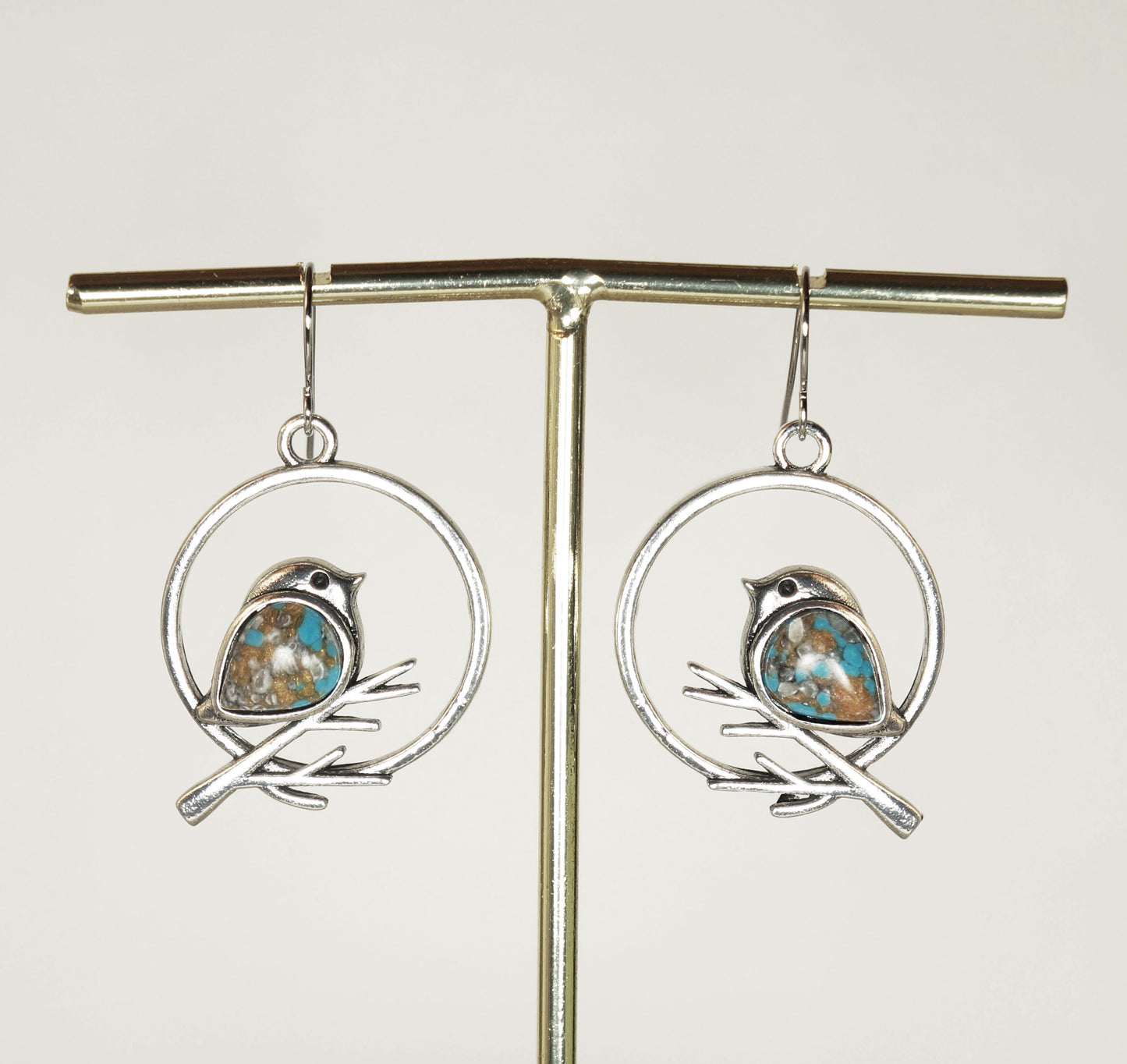Turquoise Inlay Silver Bird Minimalist Dangle Earrings, Nickel Free, Platinum Ear Wires