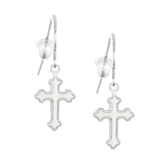 Small and Dainty .925 Sterling Silver Cross Earrings, Platinum Ear Wires