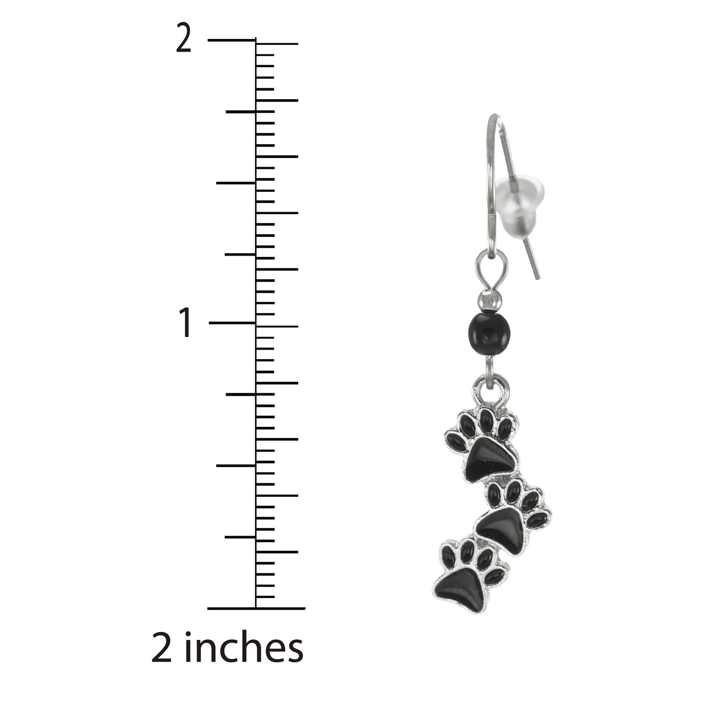 Dainty Dog or Cat Black Paw Print Dangle Beaded Earrings, Platinum Ear Wires