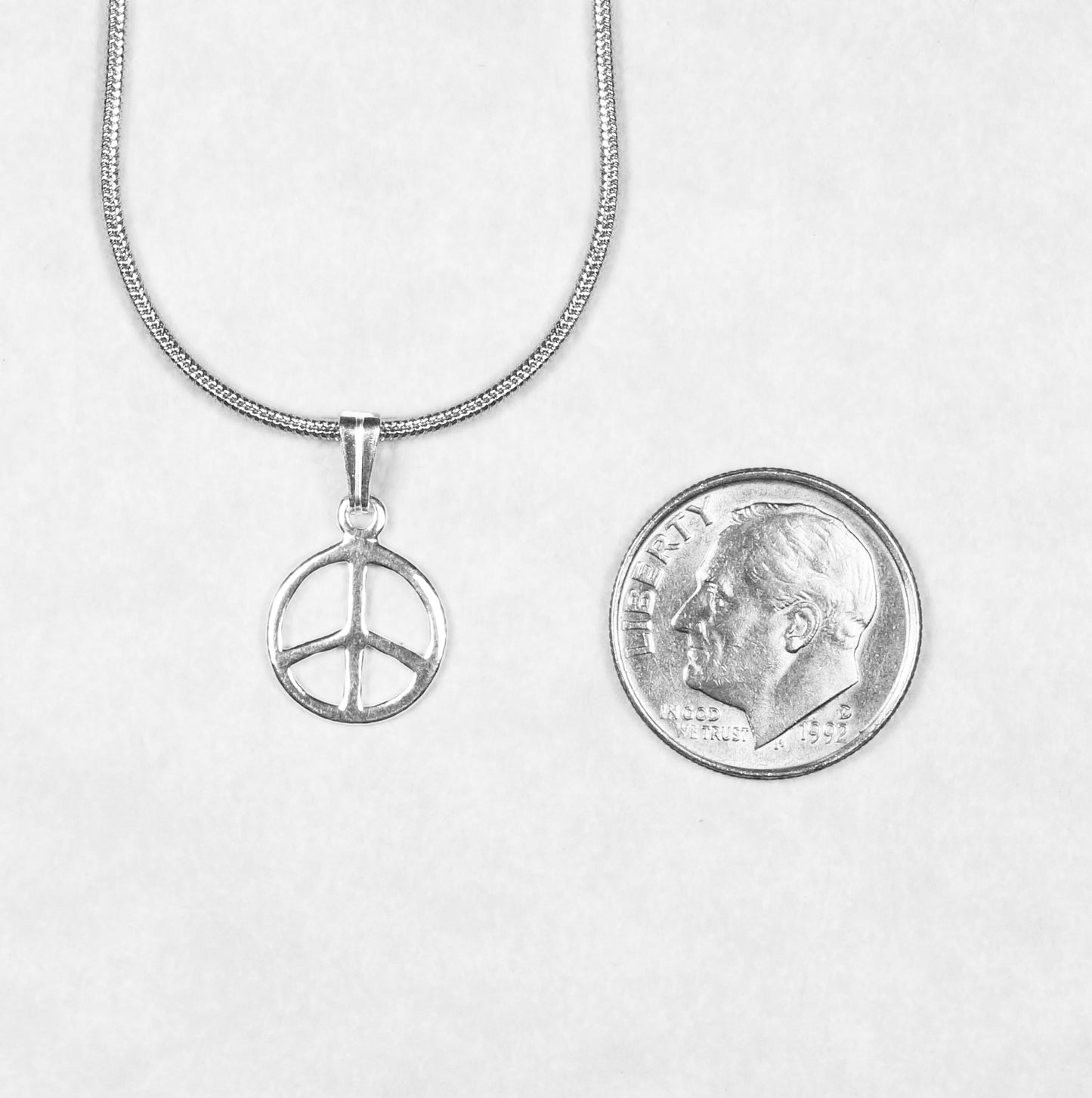 Small and Dainty Sterling Silver Peace Charm, Stainless Steel Snake Chain Necklace, Length Choices