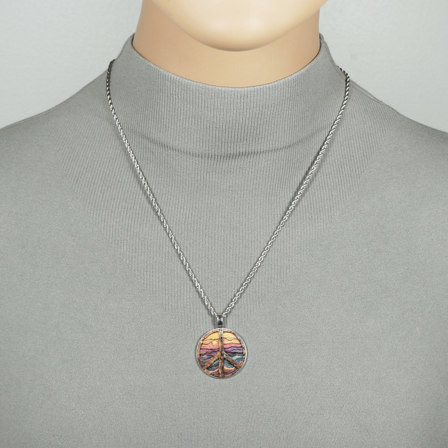Intricate Highly Detailed Wood Look Peace Sign Pendant on Stainless Steel Rope Chain, 20 Inch