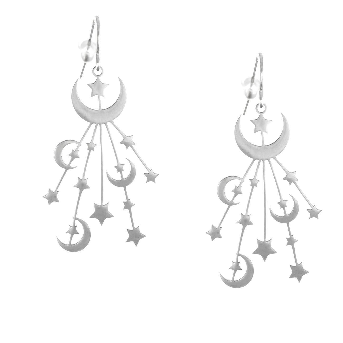 Beautiful Silver Celestial Moon and Stars Stainless Steel Statement Earrings, Hypoallergenic Platinum Ear Wires