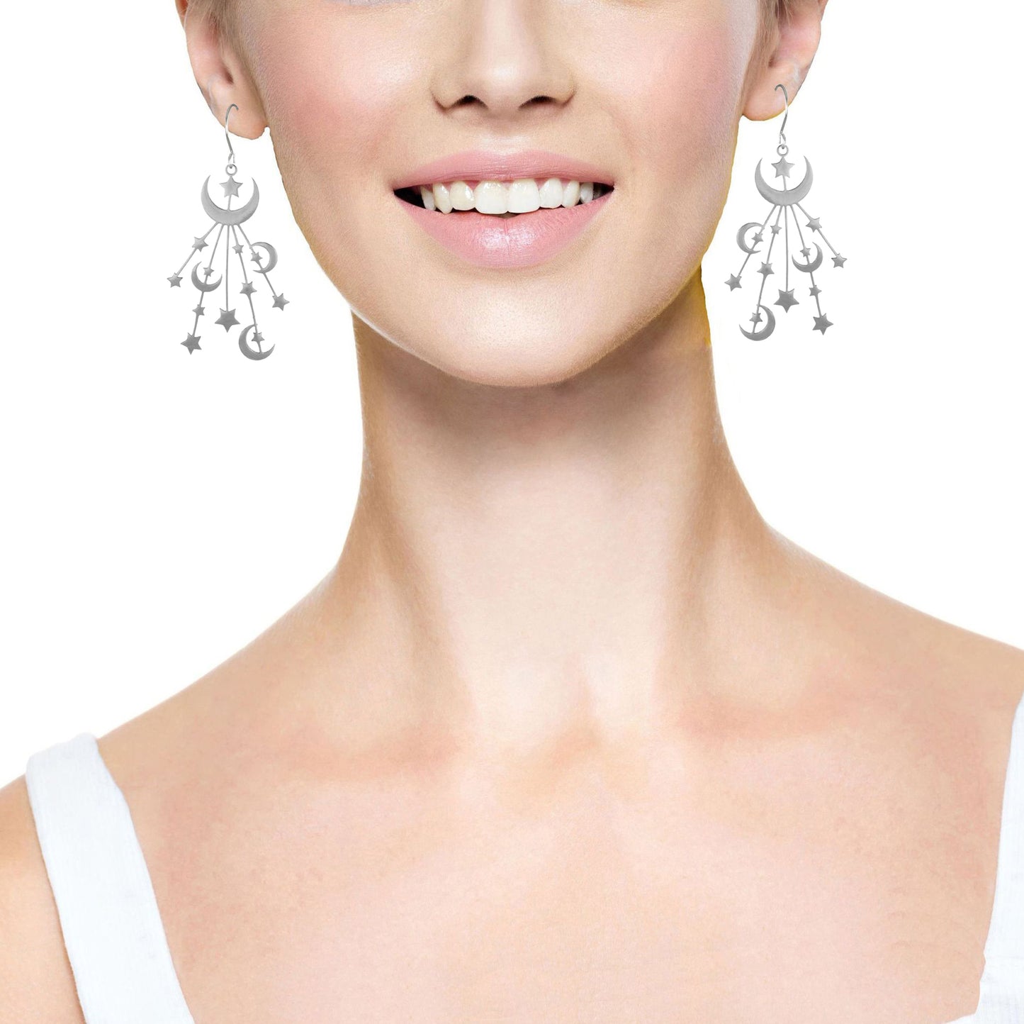 Beautiful Silver Celestial Moon and Stars Stainless Steel Statement Earrings, Hypoallergenic Platinum Ear Wires