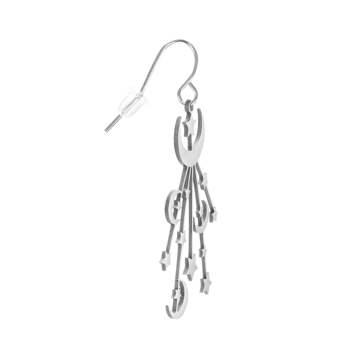 Beautiful Silver Celestial Moon and Stars Stainless Steel Statement Earrings, Hypoallergenic Platinum Ear Wires