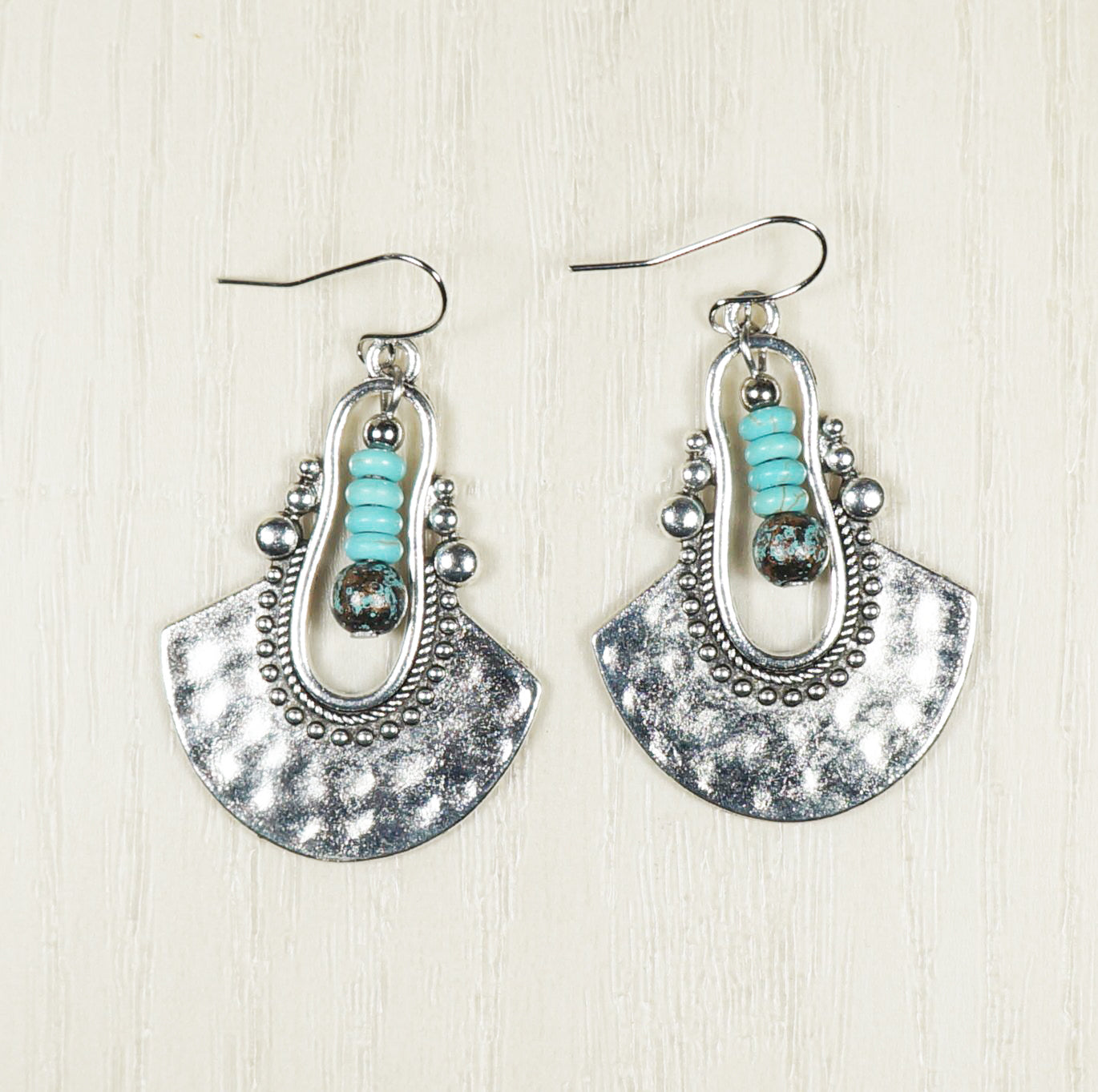 Rustic Silver and Turquoise Boho Ethnic Dangle Earrings, Platinum Ear Wires