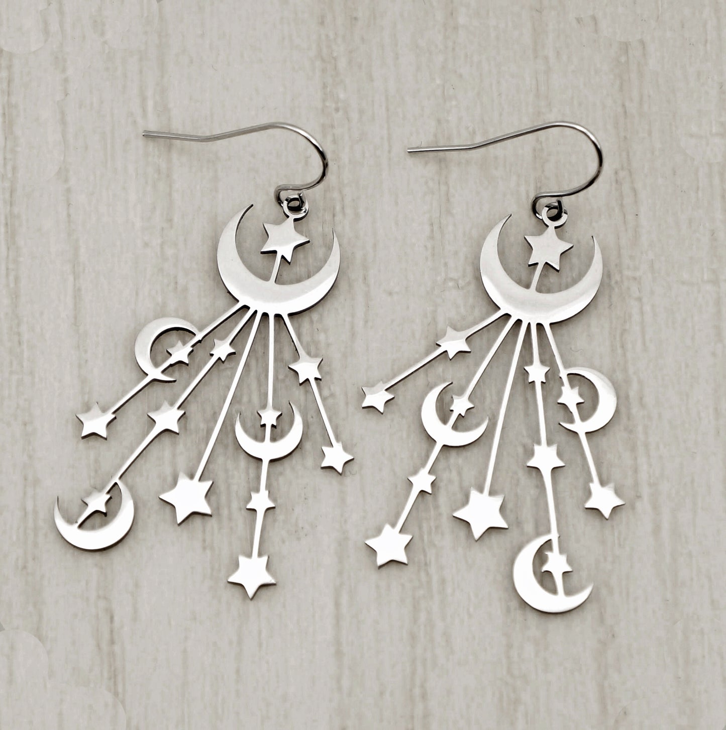 Beautiful Silver Celestial Moon and Stars Stainless Steel Statement Earrings, Hypoallergenic Platinum Ear Wires