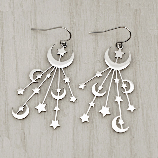 Beautiful Silver Celestial Moon and Stars Stainless Steel Statement Earrings, Hypoallergenic Platinum Ear Wires