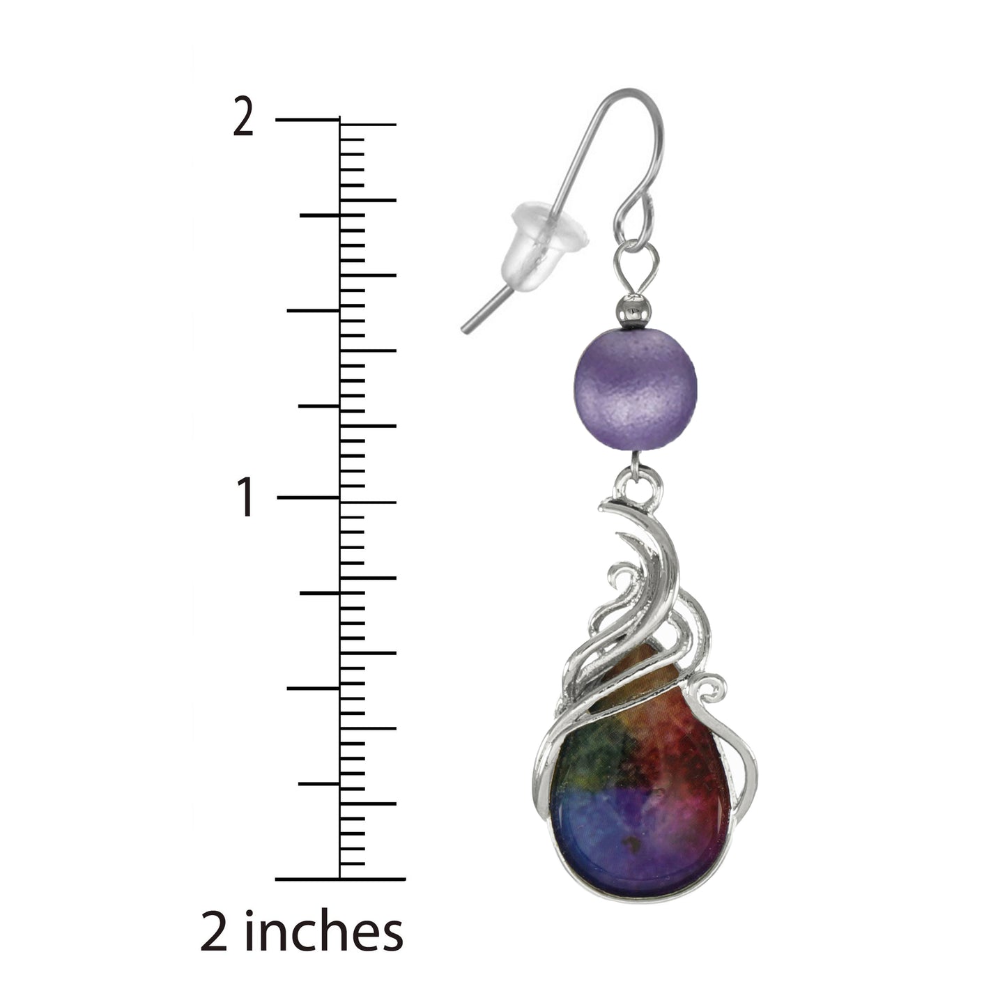 Beautiful Rainbow Purple and Silver Swirl Teardrop Earrings, Platinum Ear Wires