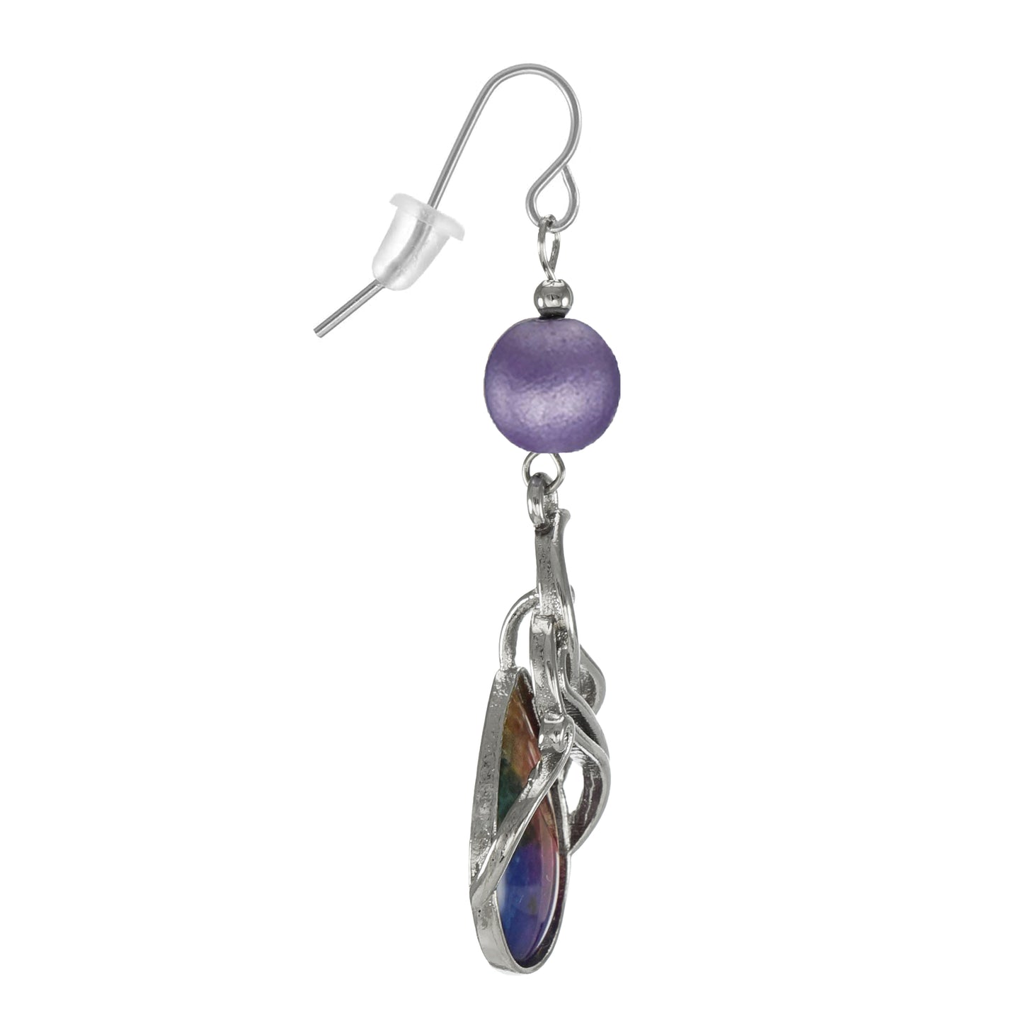 Beautiful Rainbow Purple and Silver Swirl Teardrop Earrings, Platinum Ear Wires
