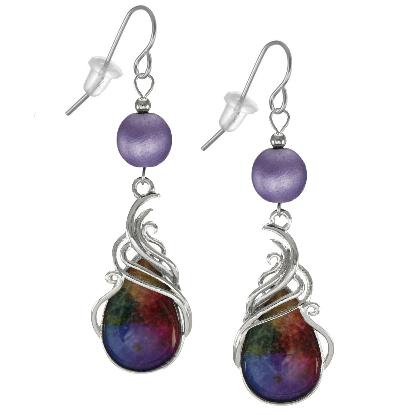 Beautiful Rainbow Purple and Silver Swirl Teardrop Earrings, Platinum Ear Wires