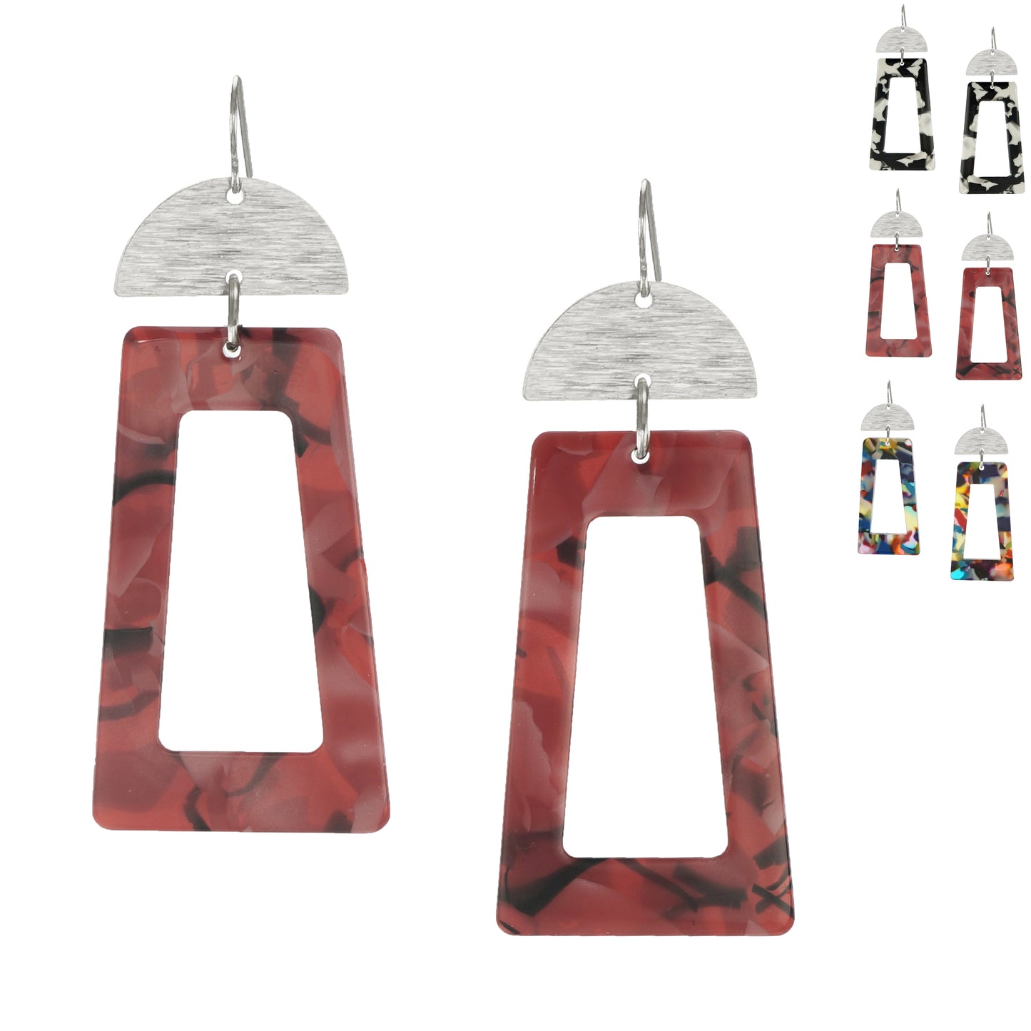 Vibrant Confetti Rectangle & Brushed Half Moon Boho Statement Earrings, Platinum Wires, Color Choice