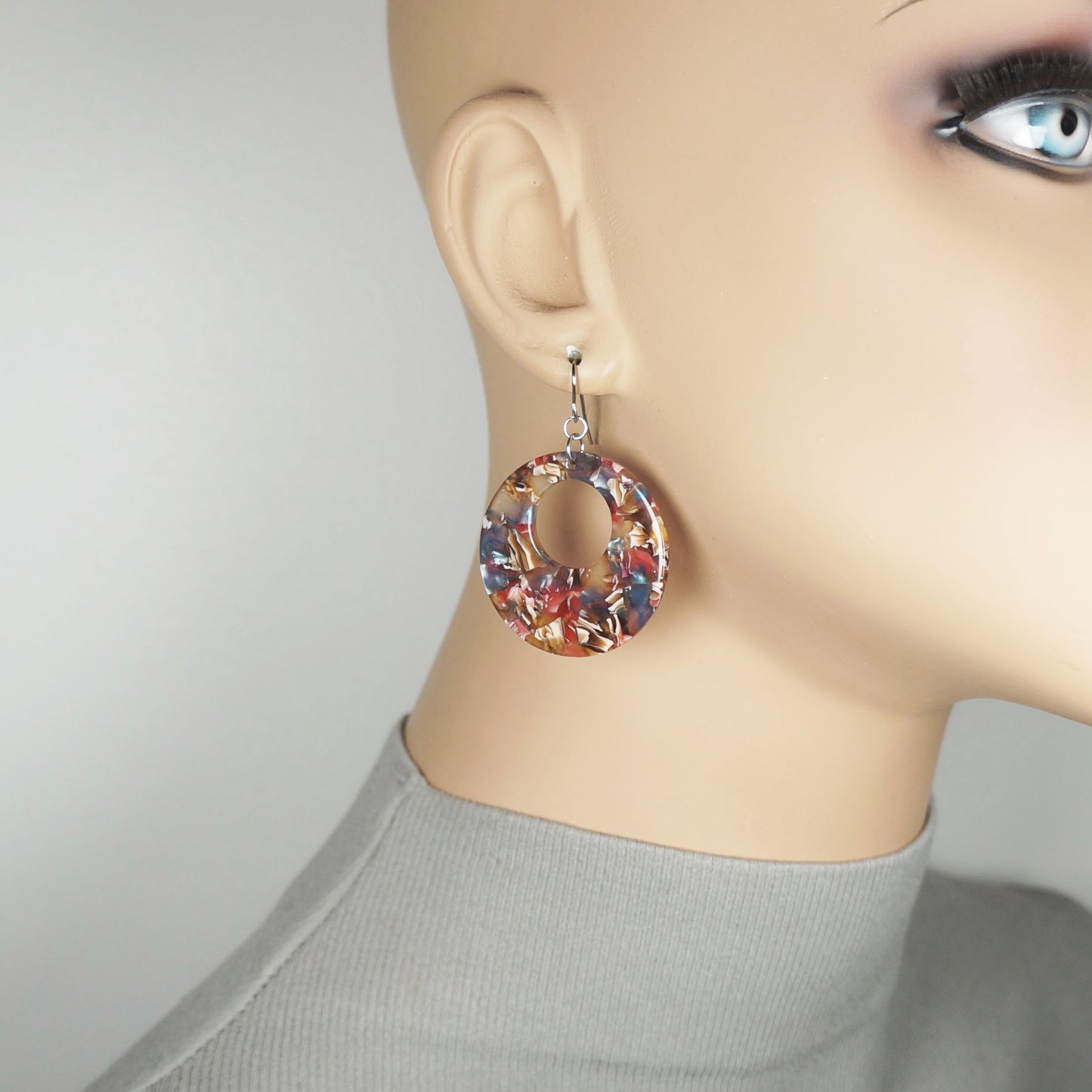 Lightweight Acrylic Boho Donut Statement Earrings, Platinum Ear Wires, Black or Red