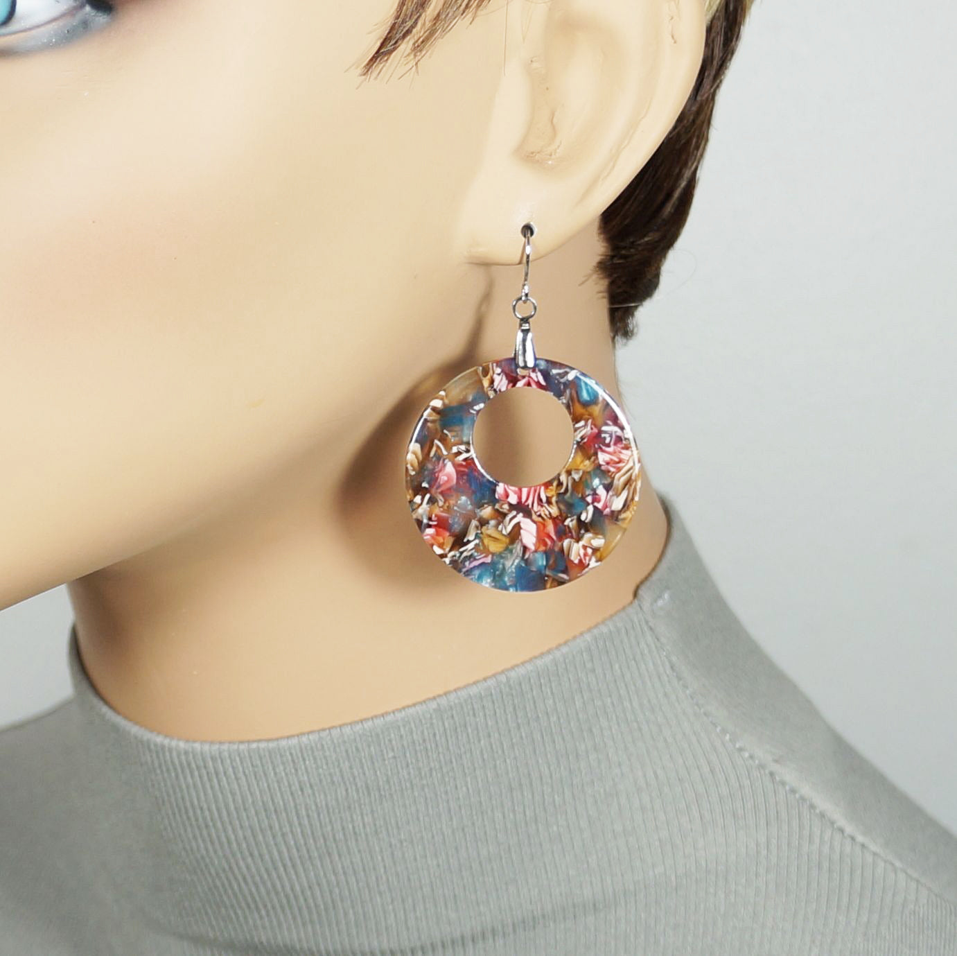 Lightweight Acrylic Boho Donut Statement Earrings, Platinum Ear Wires, Black or Red