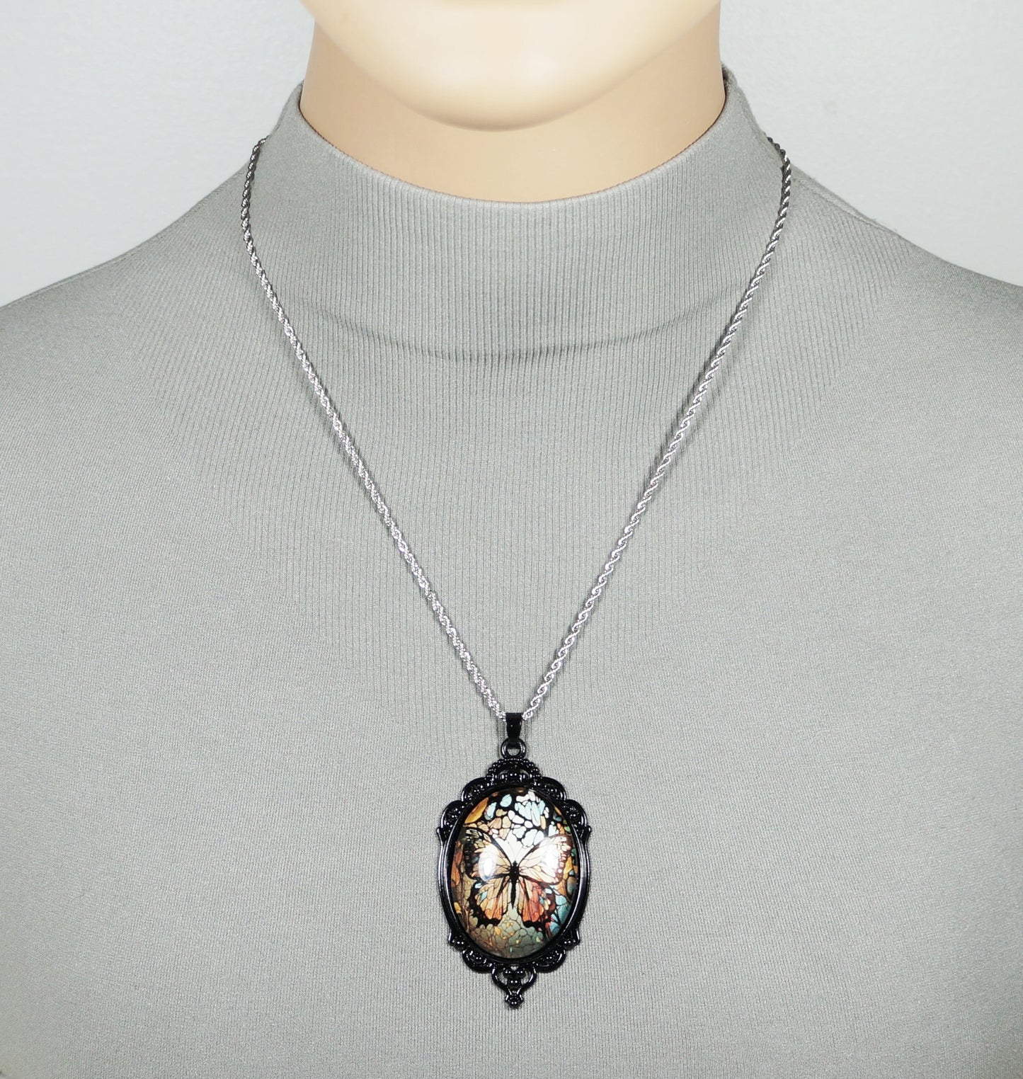 Intricate Highly Detailed Butterfly Vintage Inspired Boho Pendant, Stainless Steel Rope Chain Necklace, 20 Inch, Gift for Her