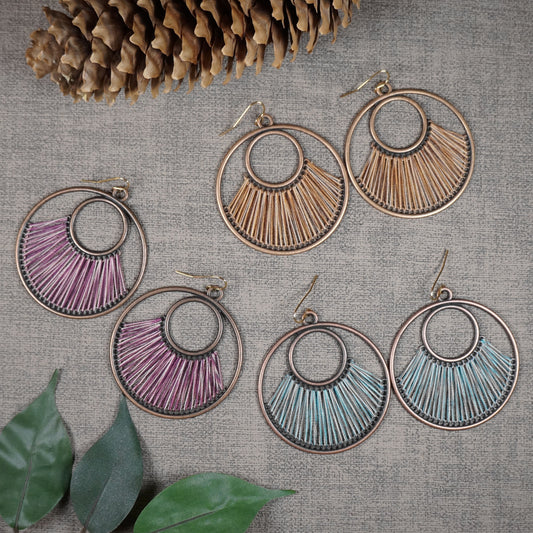 Large Rustic Round Donut Copper and Cotton Thread Vintage Ethnic Boho Statement Earrings, Color Choices, 18K Gold Ear Wires, Gift for Her