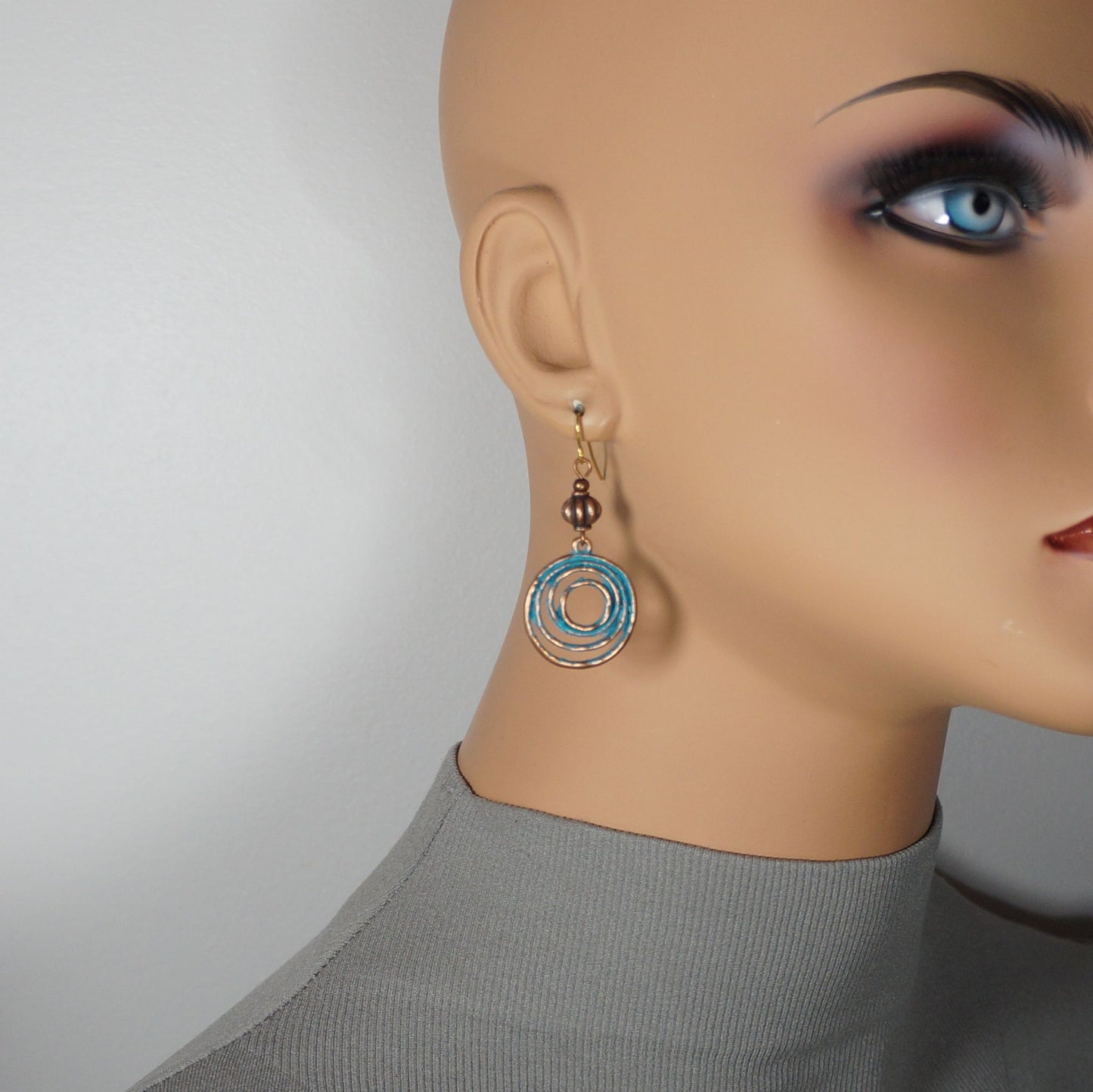Rustic Copper Patina Hoop Beaded Earrings, 18K Gold Ear Wires