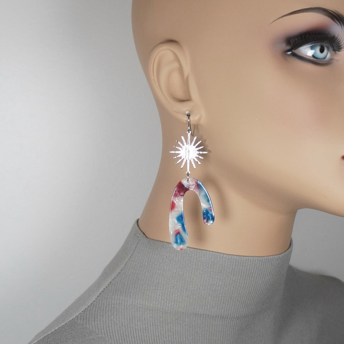 Red White & Blue Silver Starburst Sun Boho Statement Earrings, Platinum Wires