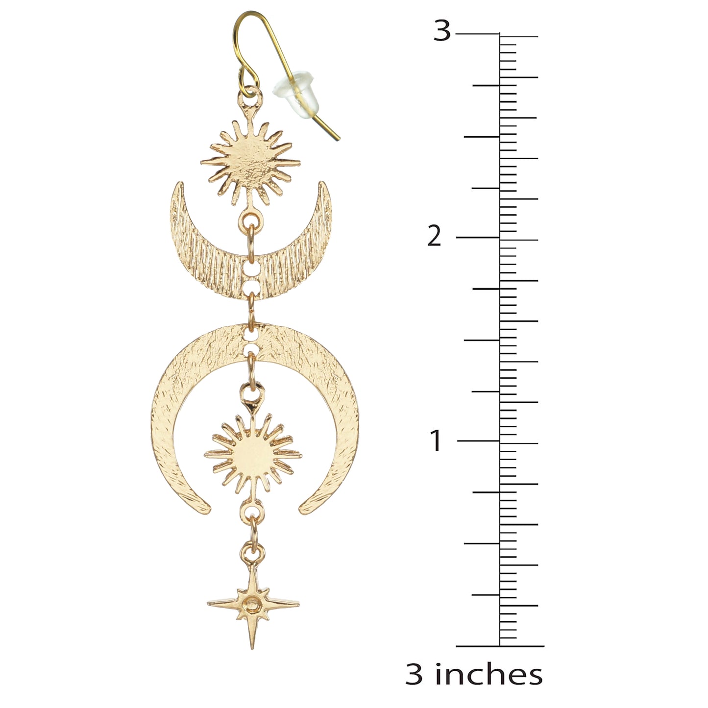 Beautiful Gold Celestial Crescent Moon with Sun and Stars Boho Statement Dangle Earrings – Hypoallergenic 18K Gold Earwires