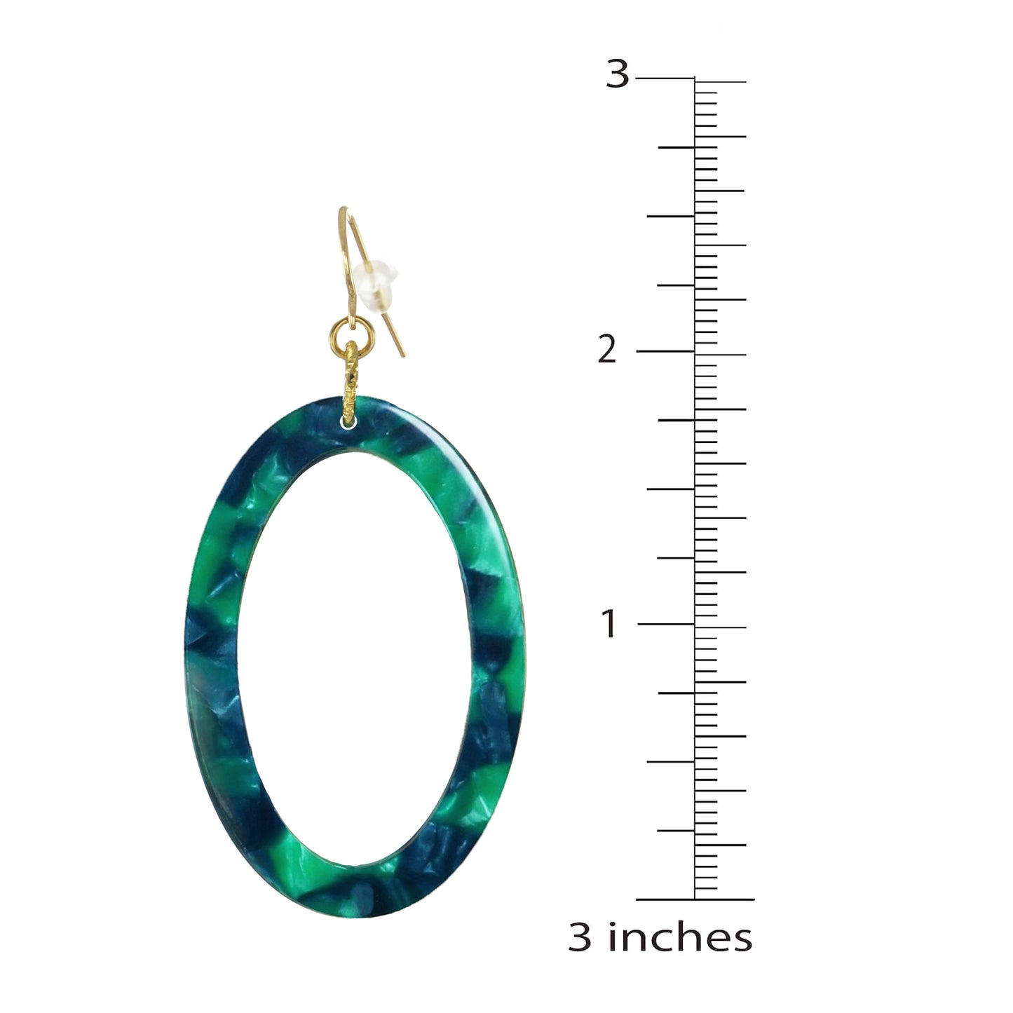 Green & Navy Blue Oval Acrylic Boho Statement Earrings, 18K Gold Ear Wires