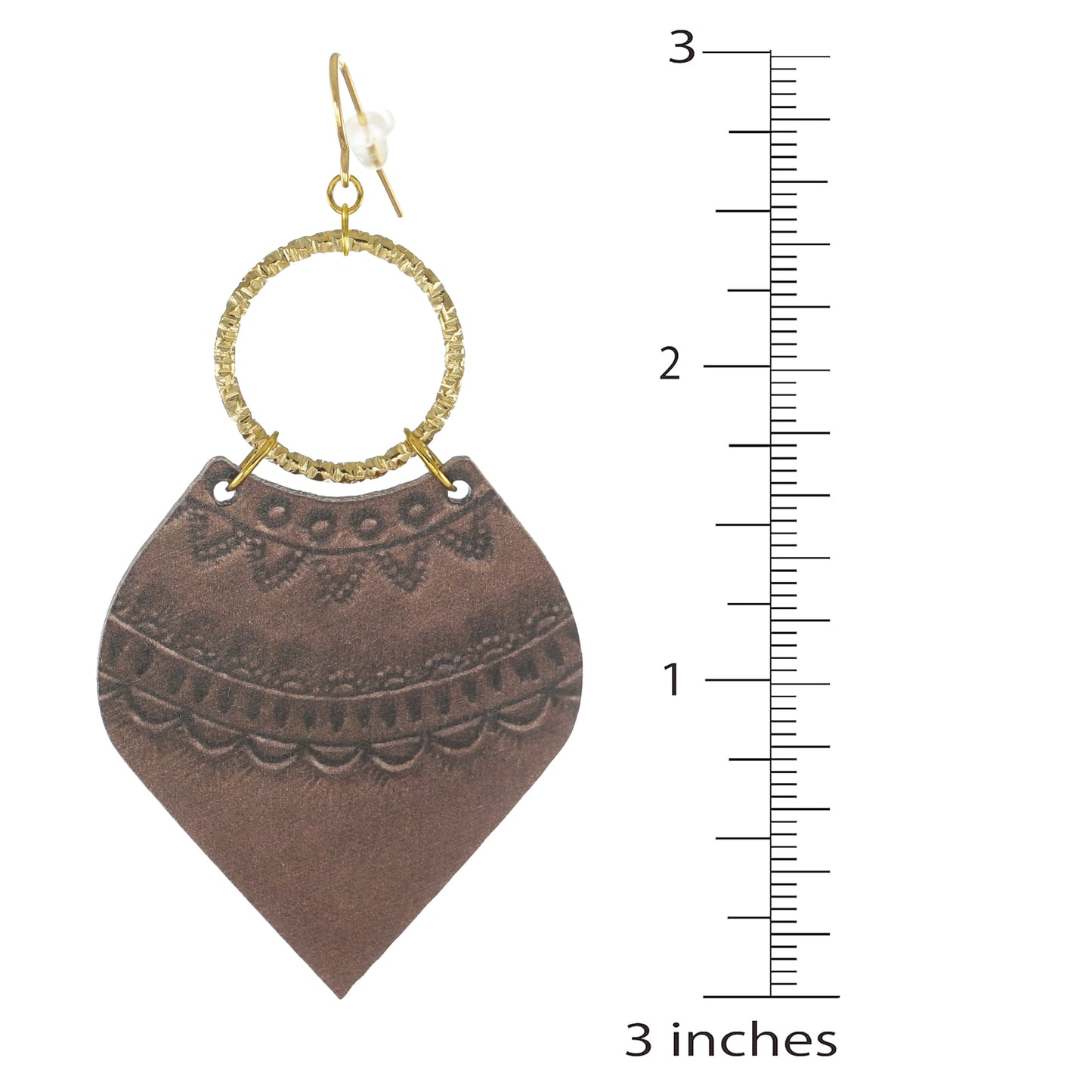 Rustic Brown Leather-Look Gold Ring, Lightweight Western Dangle Boho Statement Earrings, 18K Gold Ear Wires