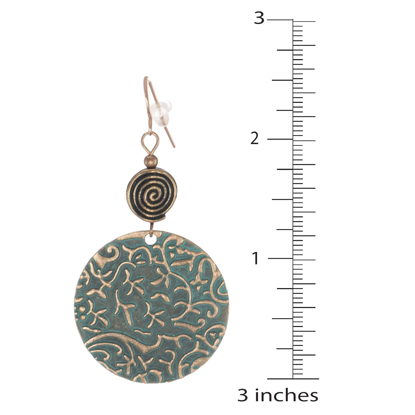 Round Copper Patina Rustic Boho Swirl Statement Dangle Earring, Rose Gold Ear wires