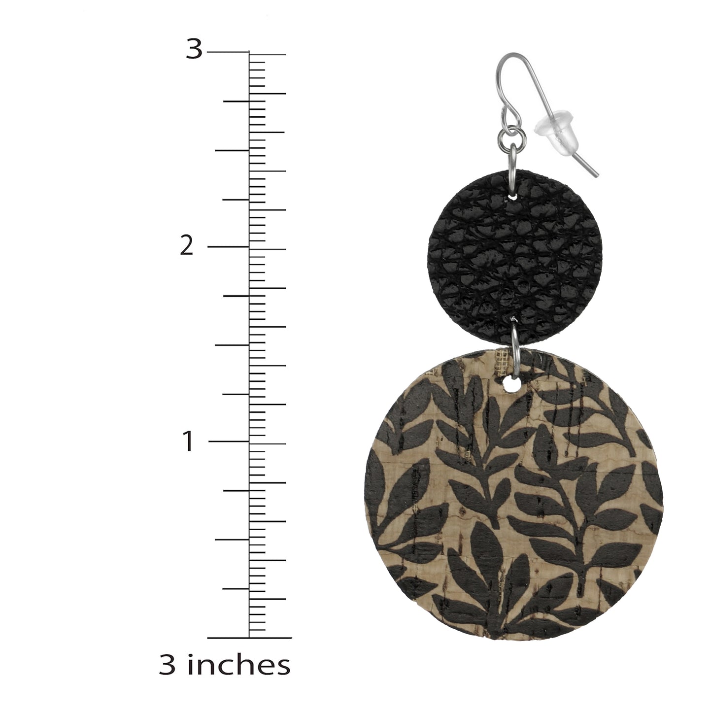 Beautiful Black Faux Leather and Tan Leaf Pattern Cork Drops Boho Statement  Earrings, Platinum Ear Wires, Gift for Her