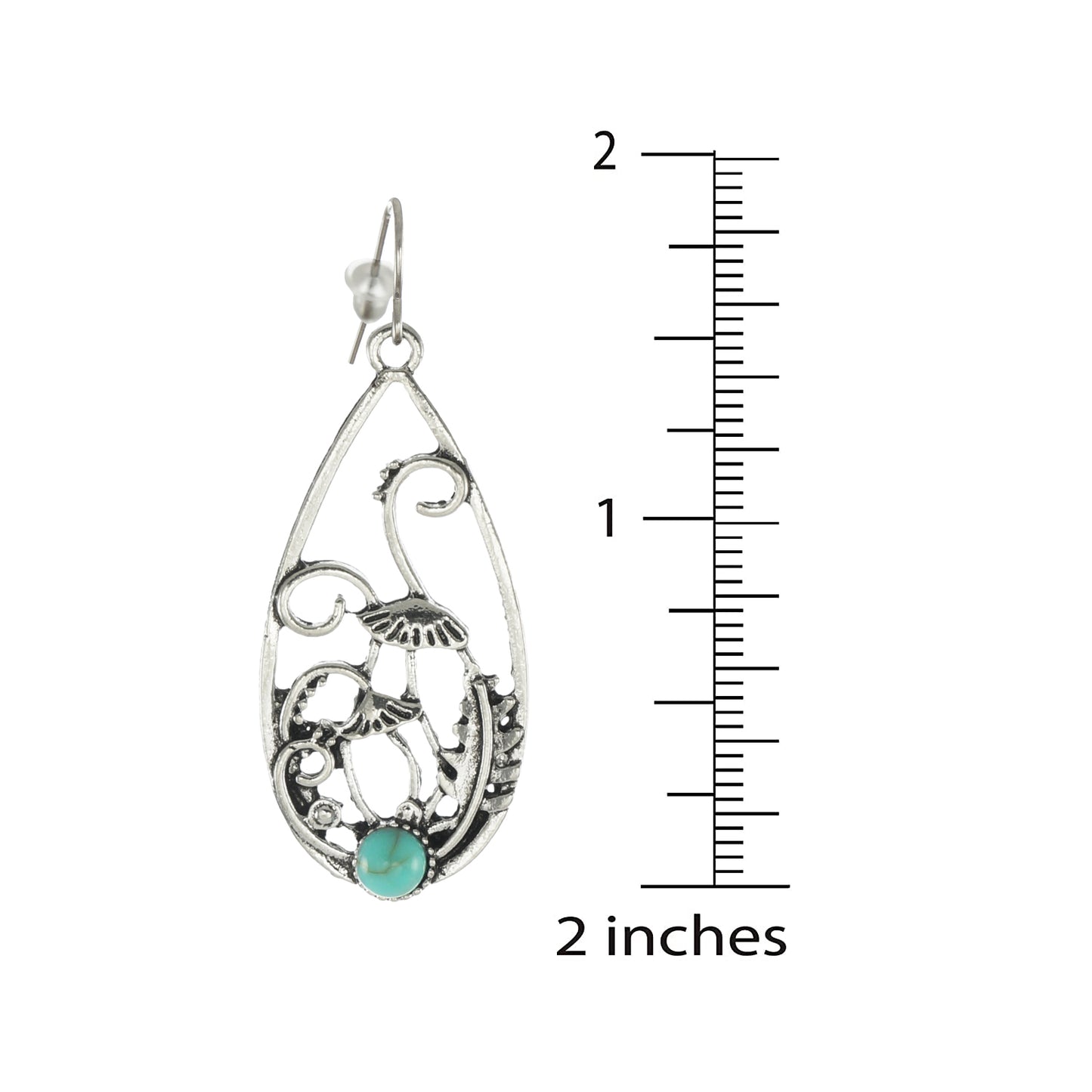 Silver Leaves with Mushrooms and Turquoise Boho Teardrop Statement Earrings, Platinum Ear Wires