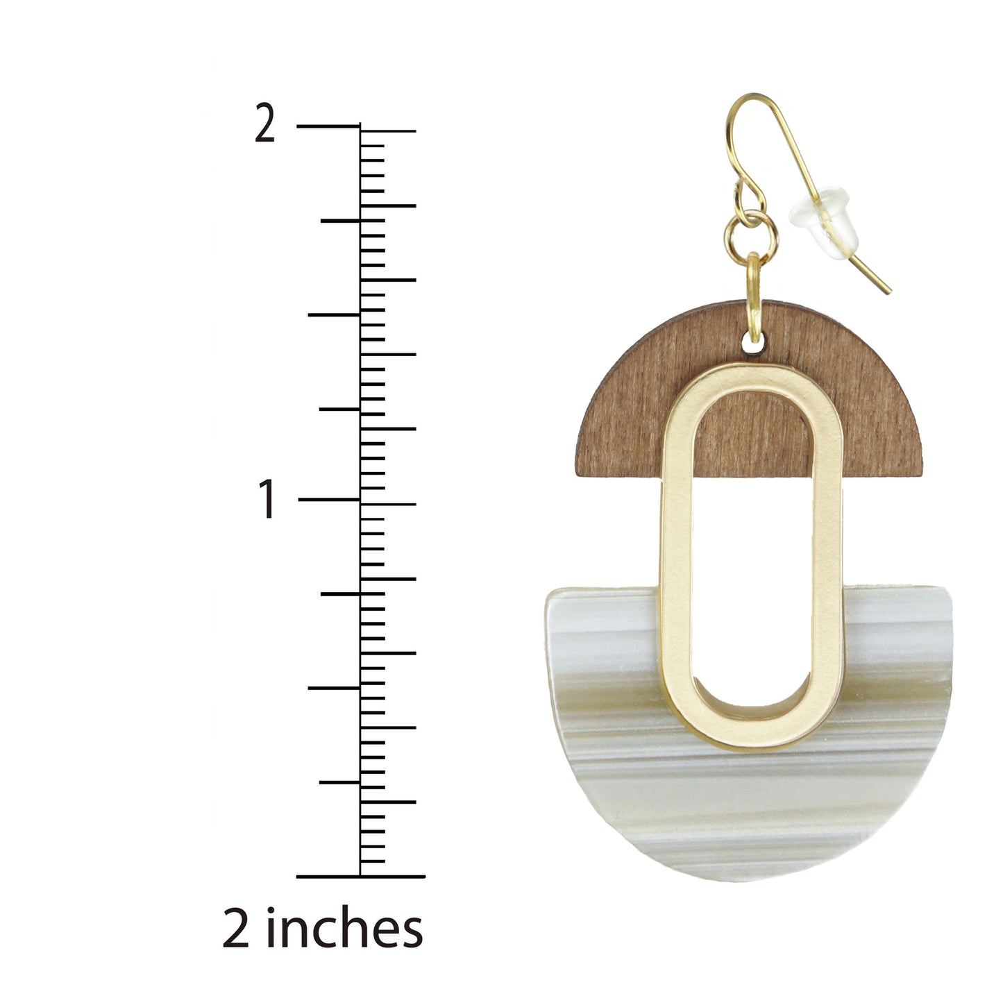 Bohemian Neutral Beige Acrylic and Brown Wood Earrings, 18K Gold Ear Wires