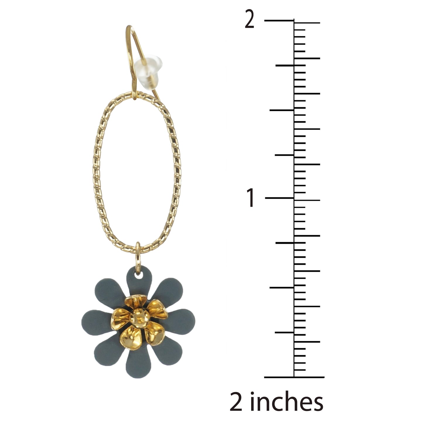Textured Gold Oval Hoop and Grey Flower Boho Earrings, 18K Gold Ear Wires