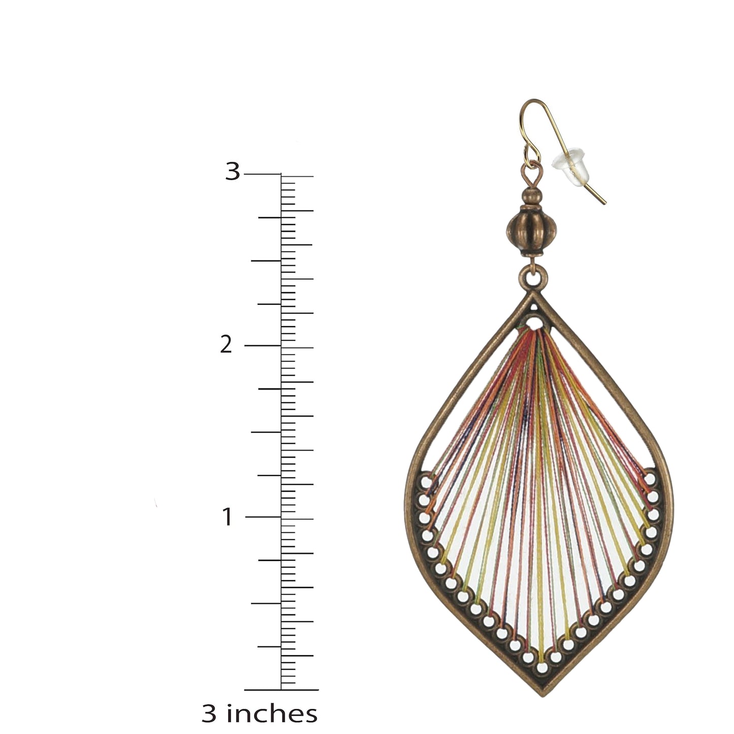 Boho Multi Colored Teardrop Thread and Copper Rustic Ethnic Statement Earrings, 18K Gold Earwires