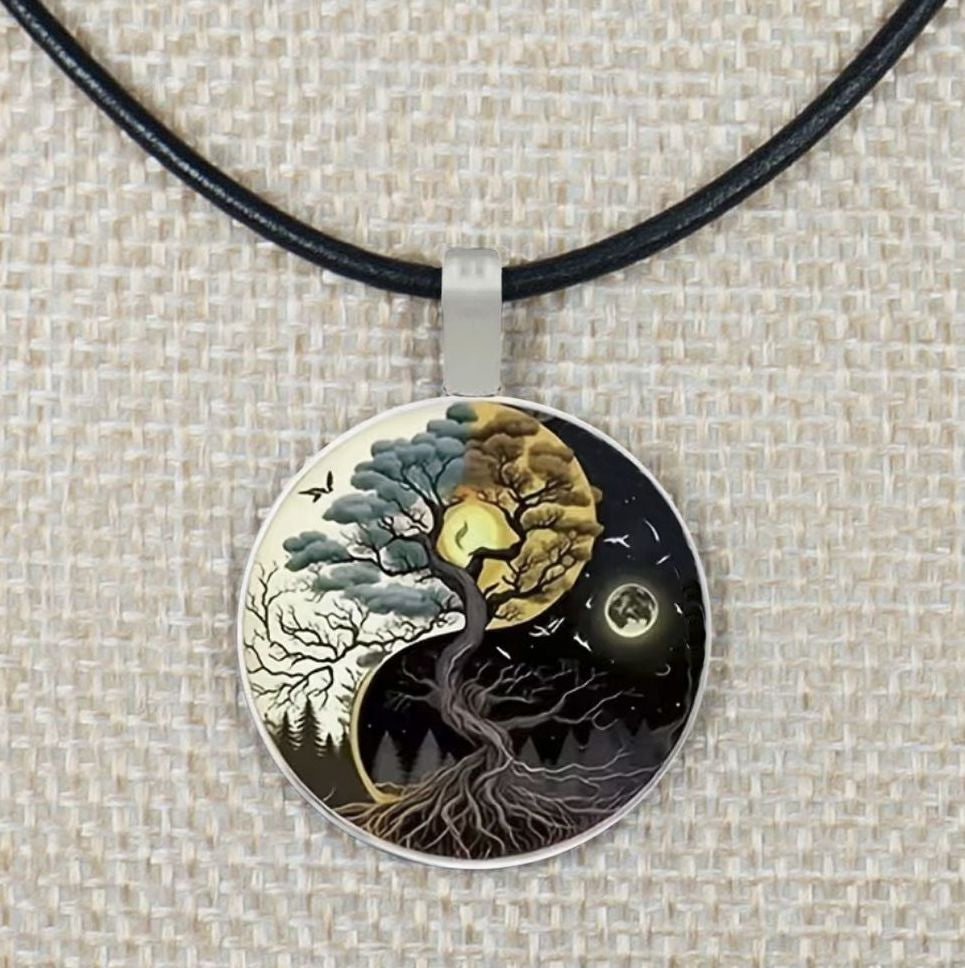 Intricate Highly Detailed Yin Yang Tree of Life Pendant Black Leather Cord Necklace, Length Choices, Gift for Her or Him