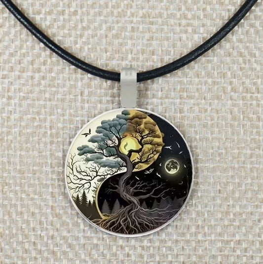 Intricate Highly Detailed 2-D Yin Yang Tree of Life Pendant Black Leather Cord Necklace, Length Choices, Gift for Her or Him