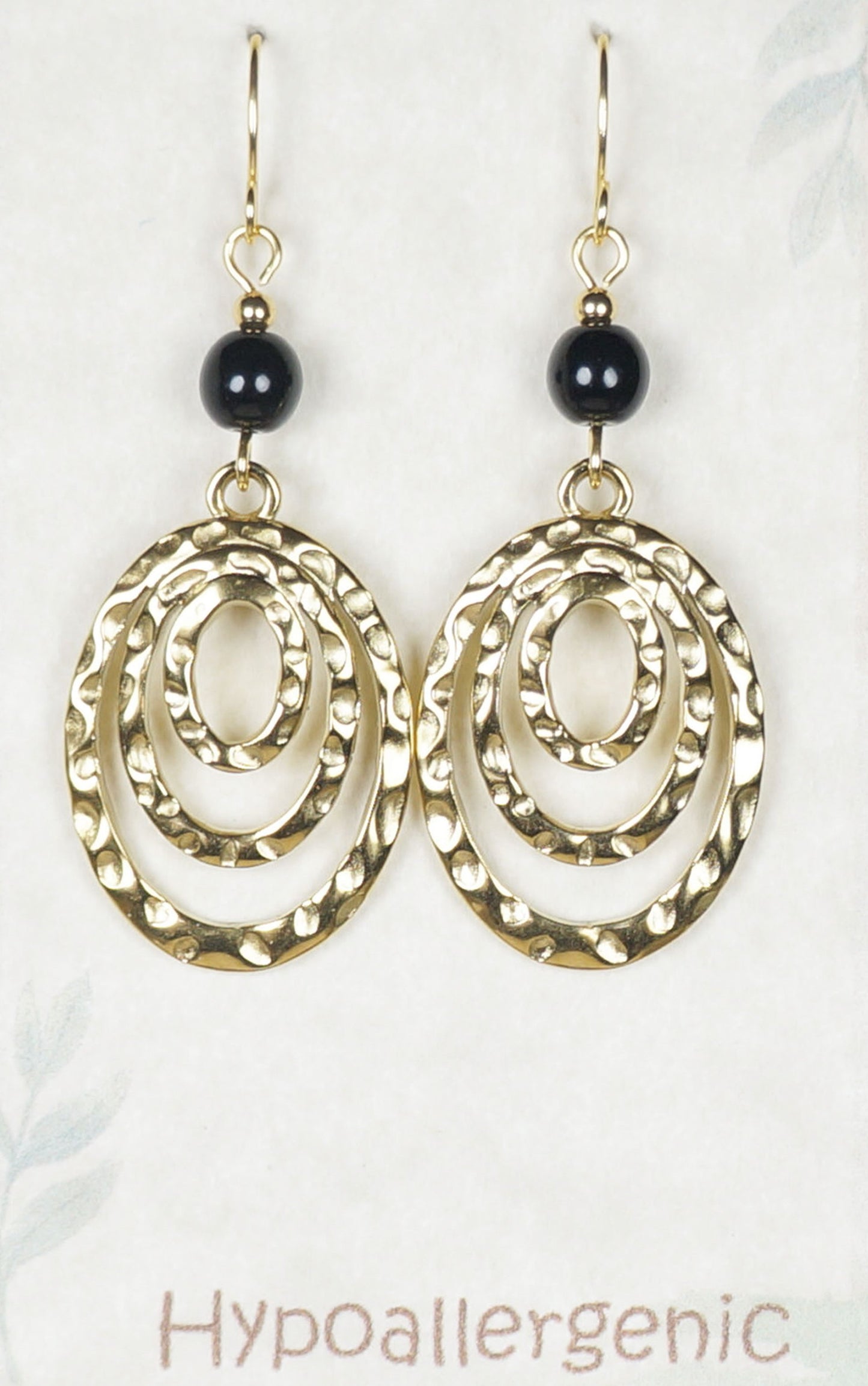 Gold Oval Hammered Drops with Black Beads, Lightweight Boho Statement Earrings, Hypoallergenic 18K Gold Ear Wires, Gift for Her